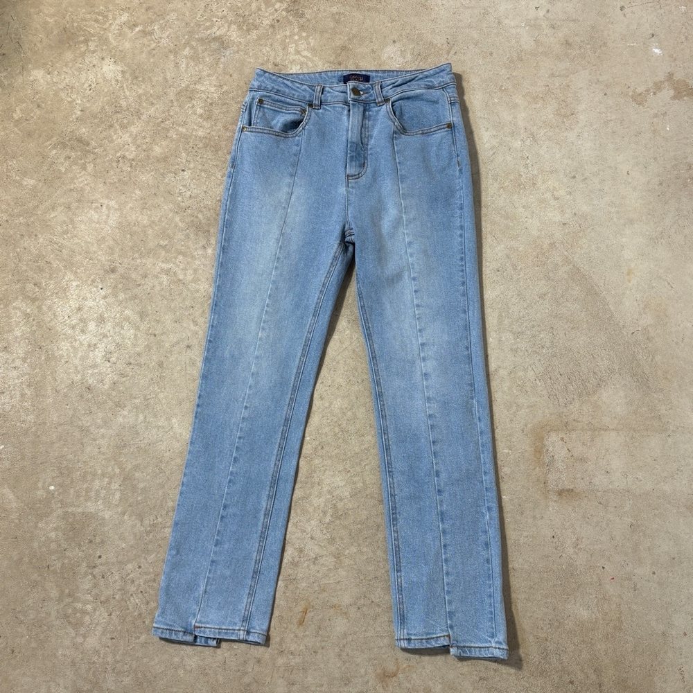Cavalli Class Seam Split Hem Jeans Women’s Size 27 Blue Zip Fly Vertical Seams